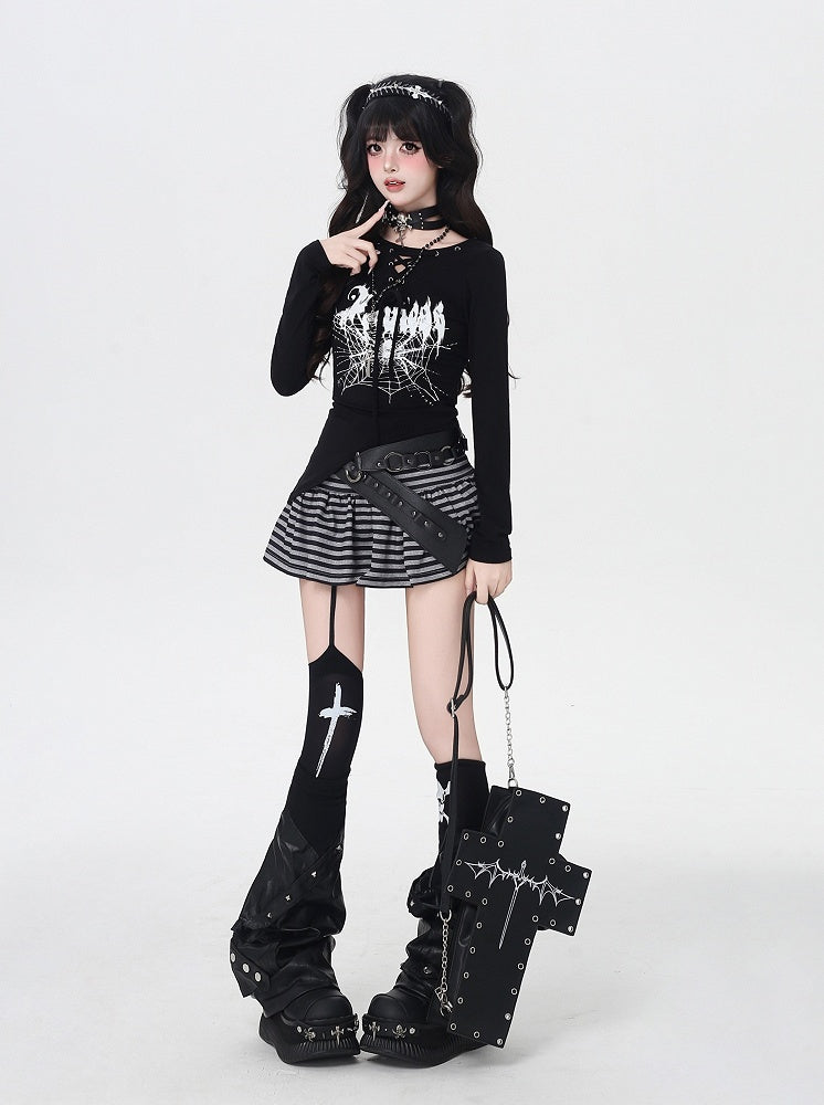 Spider Web Print Lace-up Neckline Asymmetrical Hem Black Top