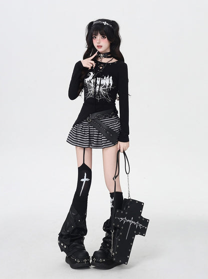 Spider Web Print Lace-up Neckline Asymmetrical Hem Black Top