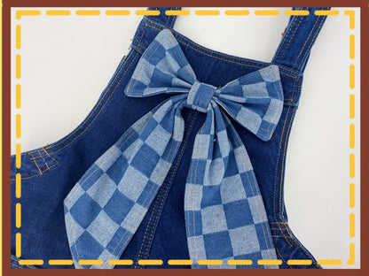 Inspired Blue Plaid Bowknot at Back Denim Overall Skirt