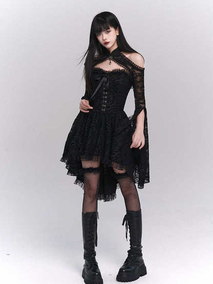 Gothic Black Banded Collar Bell Sleeves Lace Shrug