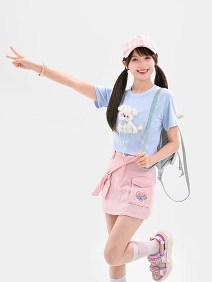 Kawaii Blue/Pink Plush Puppy Applique T-Shirt Yume