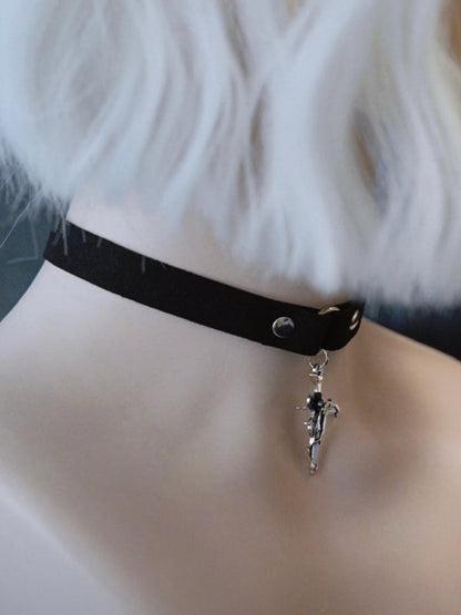 Cross Decorated Choker Gothic Pendant Rosette Black