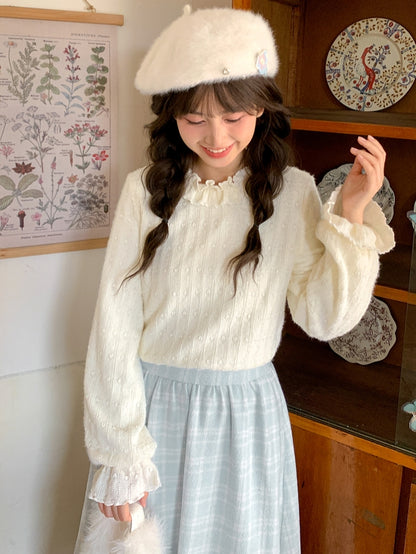Beige Ruffle Neckline Long Sleeves Top