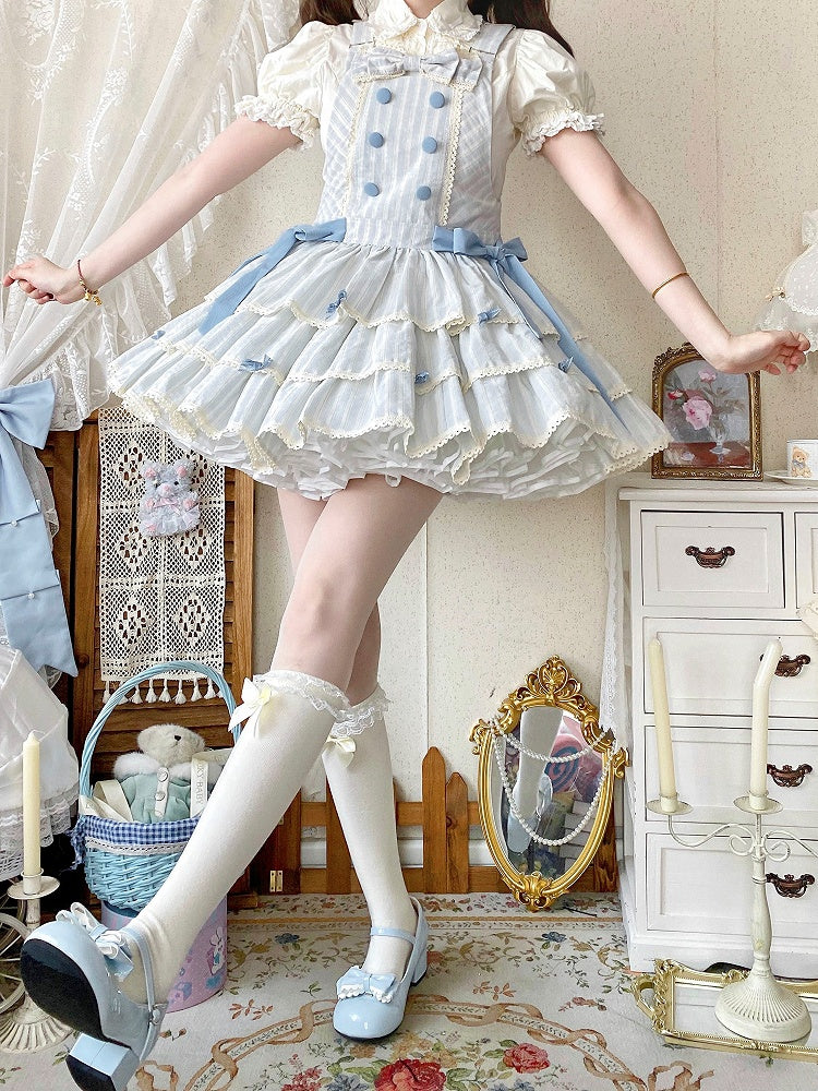 Sweet Ruffle Layered Striped Dress Bow with Accents Overall Blue Lolita