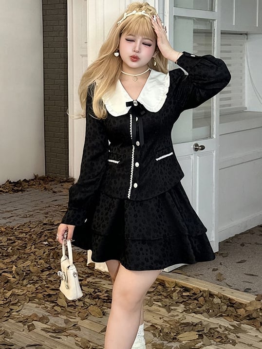 Plus Size Black High Waist Jacquard Tiered Skirt