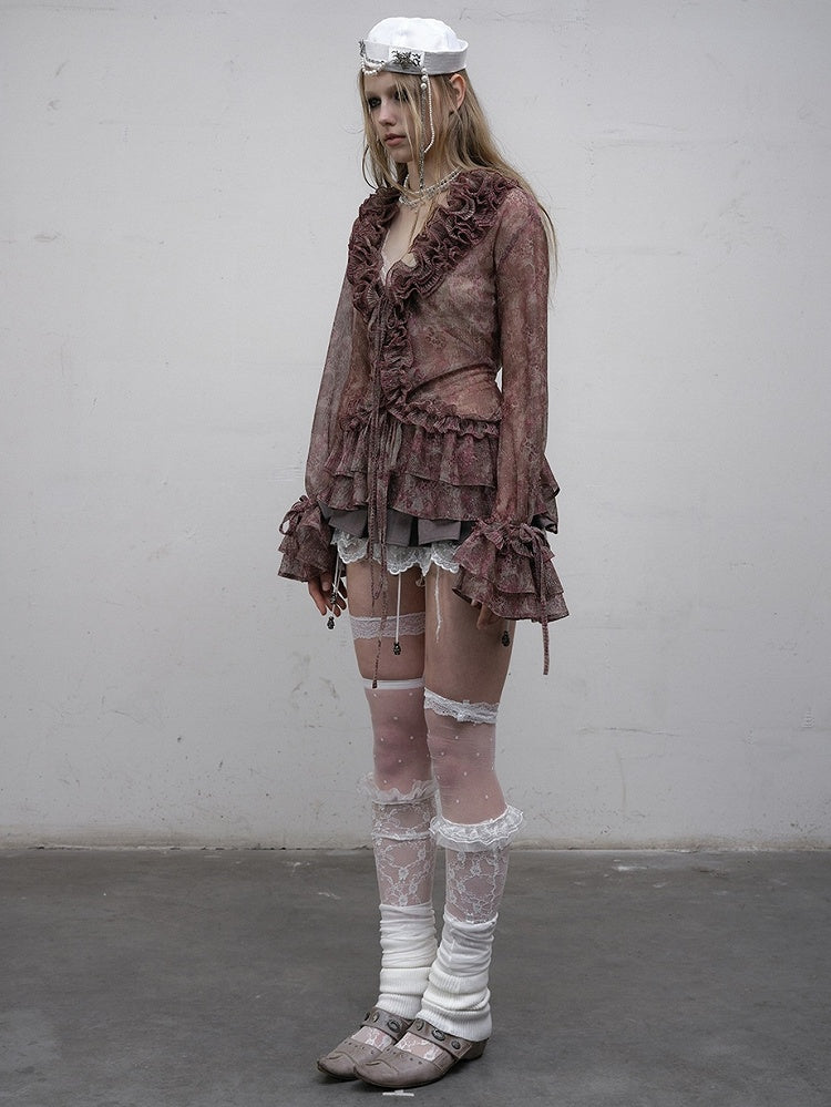 Muster Rüschen Leopard Trim Ärmel Glocke Shirt Lila