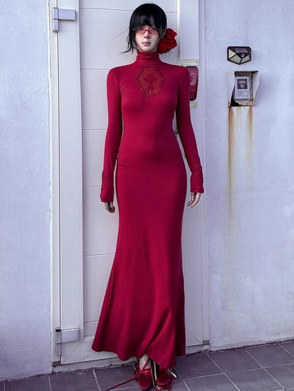 Gothic Red Coffin Cutout Cross Details High Neck Mermaid Skirt Maxi Dress