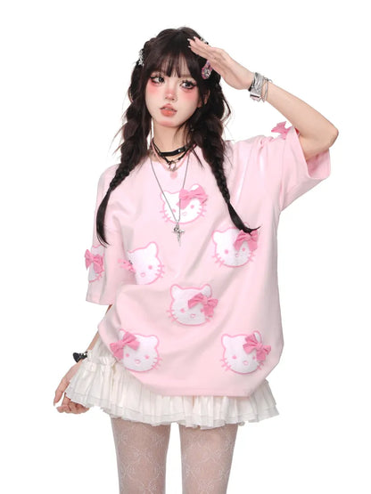 White/Pink Bowknot T-shirt Pattern Cute Kitty