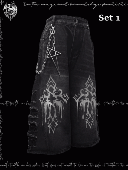Wide-Leg Jeans Hem Raw Dark Gray Cross Print Distressed Holes