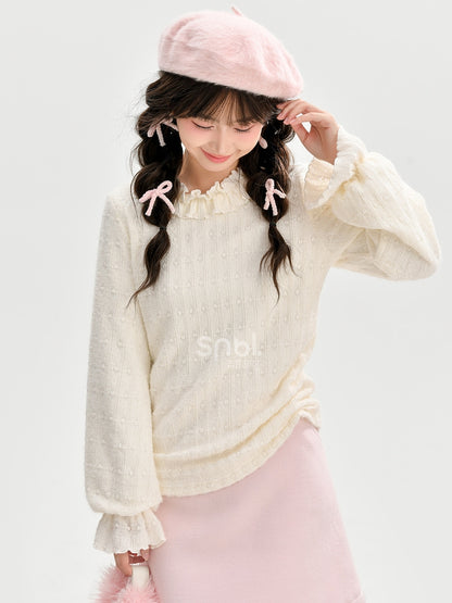 Beige Ruffle Neckline Long Sleeves Top