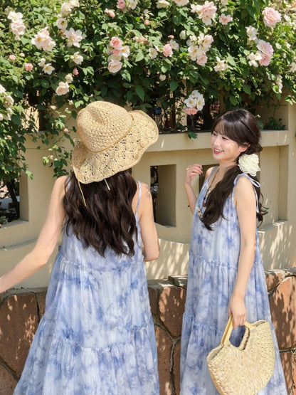 Shell Charm Neckline Dye Tassel Hem Tie Dress Loose Slip Blue Chiffon
