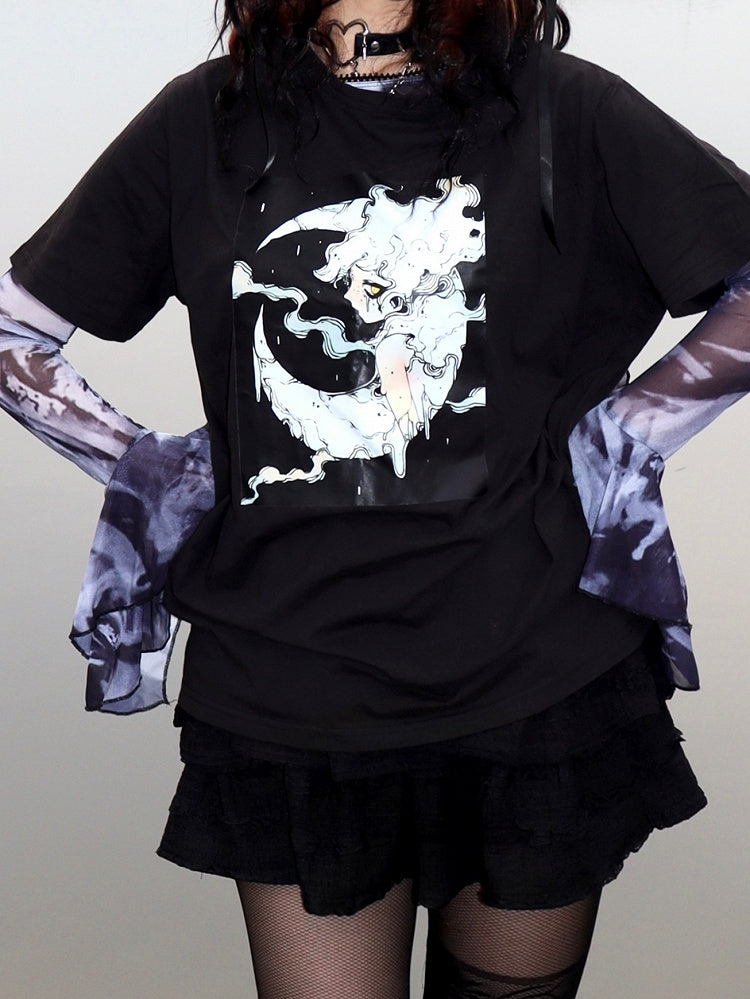 Print T-shirt Black Short Gyaru Cartoon Fashion Sleeves