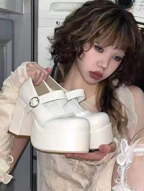 White Block with Mary Heel High Y2K PU Buckle Shoes Jane Bittersweet Leather Circular
