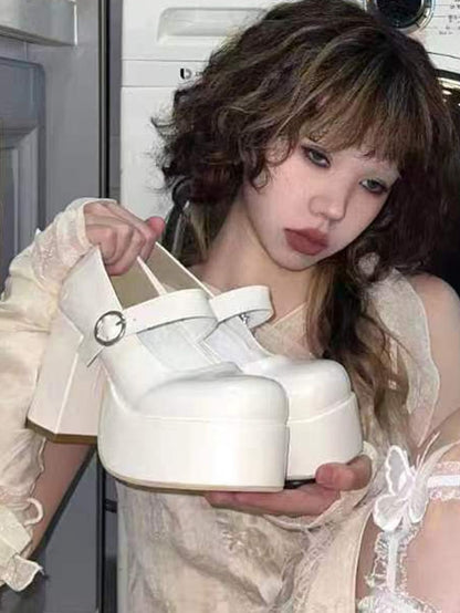 White Block with Mary Heel High Y2K PU Buckle Shoes Jane Bittersweet Leather Circular