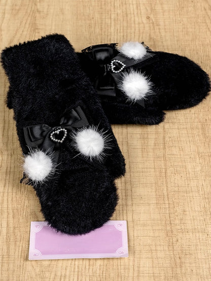 Gants en tricot Jirai Kei blanc lait/blanc et rose/noir avec nœuds
