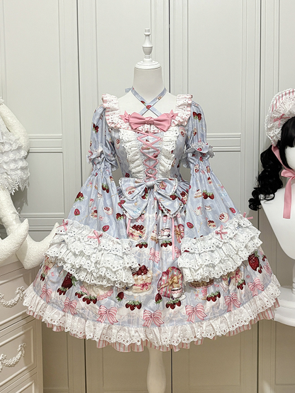 Cake Print Lolita Sleeves Blue Short Bell with Sweet Dress Strawberry Detachable