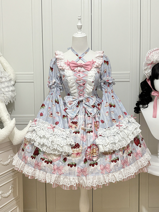 Cake Print Lolita Sleeves Blue Short Bell with Sweet Dress Strawberry Detachable