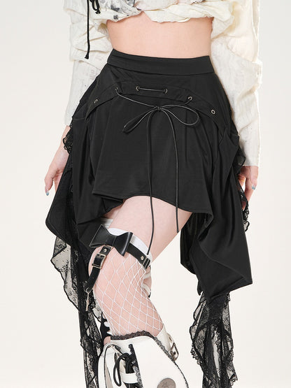 Detail Cascading Lace Ruffles Skirt Black Lace-up