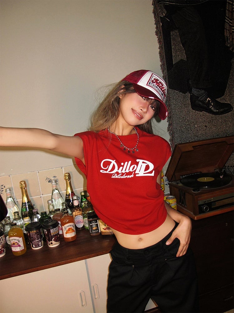 Bold Pads Red with Print White Crop Structured Letter Shoulder Top