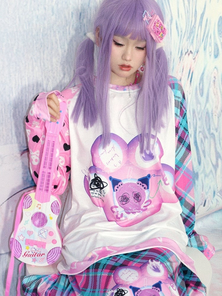 Top Sleeves Heart Pattern Y2K Cat Print Long And Skeleton Plaid White Claw