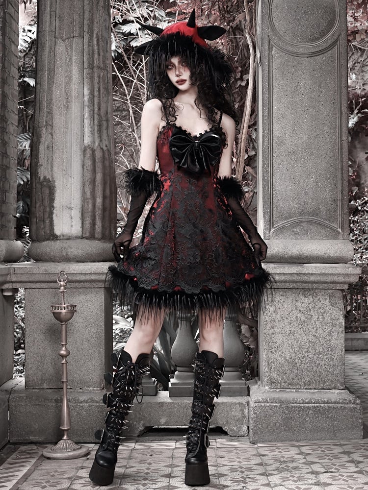 Red New Dress PU Big Bow Bodice Goth Vampire Spaghetti Straps Dress