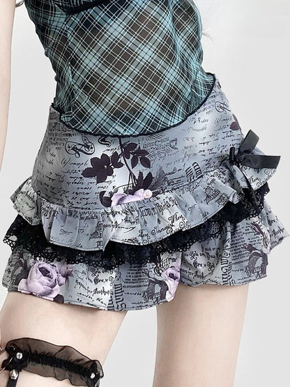 Glamorous Tiered Skirt Black Y2K Lace Trim Detail Floral And Letter Print