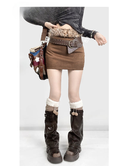 Coffee Shaggy Waistline Skirt with Buckle Belt