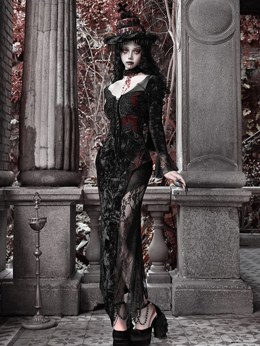 Wings Romantic Velvet and Shaped Lace Neckline Bat Vampire Dress Goth Mermaid