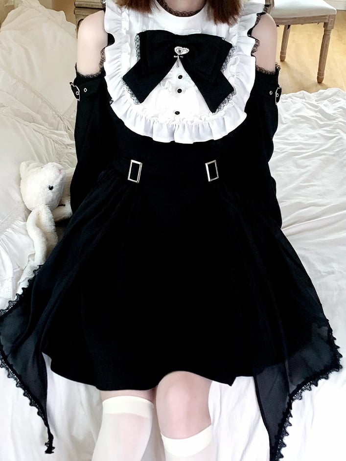 Dress Open Shoulder with Adjustable Heart Buckles and Handkerchief Hem and Jirai Kei Black White
