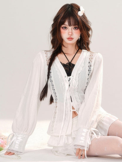 White Lace-up Placket V-neck Lace Blouse Balloon Sleeves