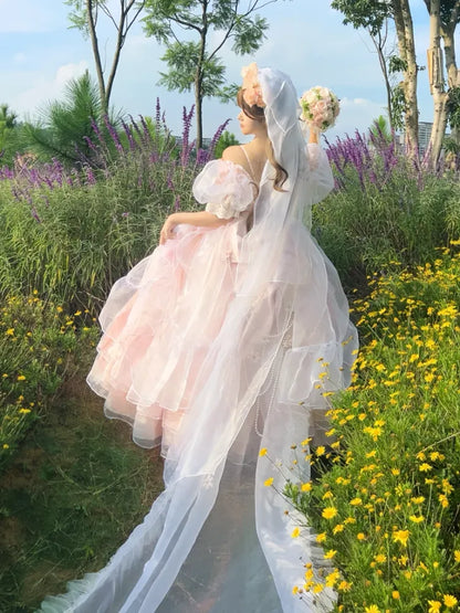 Head Floral Design Pink Long White Veil
