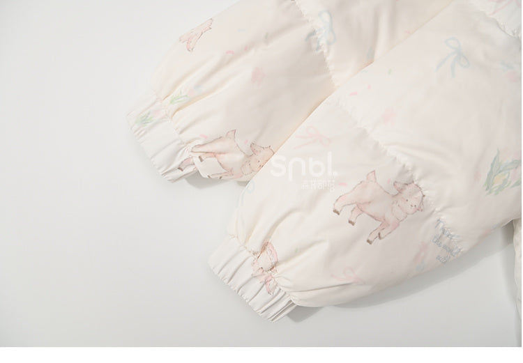 Cute Lamb Print White Hooded Down Jacket Short/Long Version