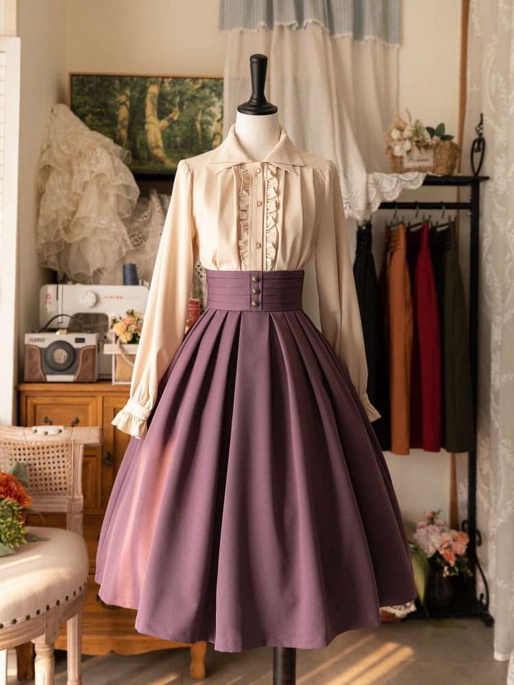 Dusty Purple High Waist Pleated Hem Lolita Skirt Lace-up and Shirring Back