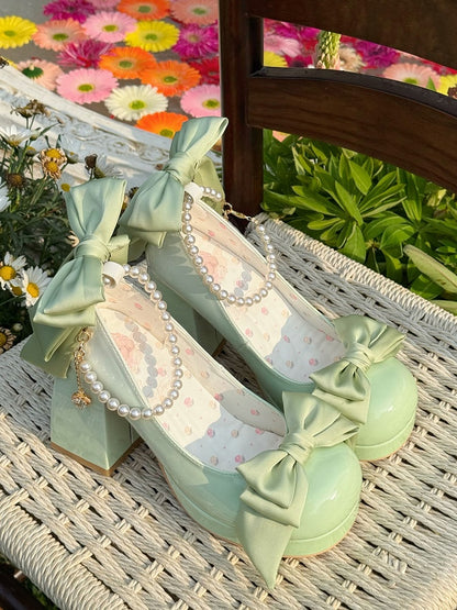 Grüne Lolita-Plateauschuhe mit Schleife und runder Mary-Schuh-Details