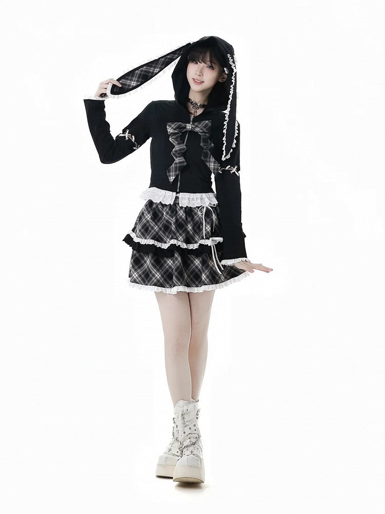 Lace-up Lace Trim Bunny Ears White/Black Design Hood Zip Closure Hoodie Sleeves Detachable