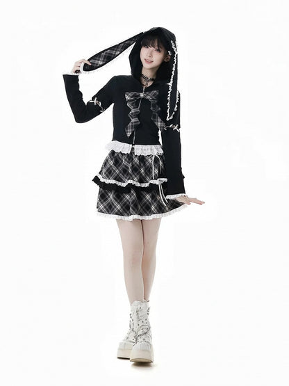 Lace-up Lace Trim Bunny Ears White/Black Design Hood Zip Closure Hoodie Sleeves Detachable
