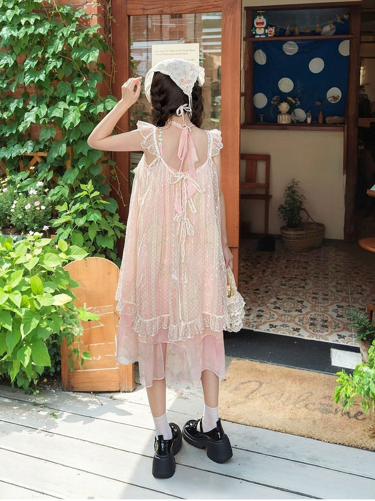Sleeves Neck Tiered Slip Skirt Polka-dot Dress+Flutter Overdress Yume Kawaii Pink Set-	Halter Two-pieces