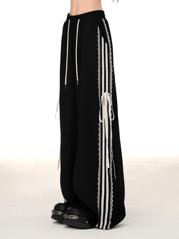 Black Lace Trim Wide-leg Cut Blokette Core Pants