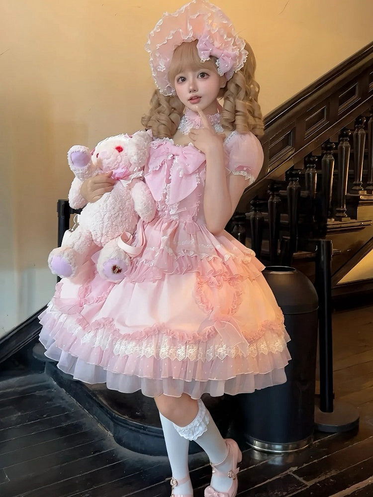Robe Lolita rose à gros nœud et manches bouffantes style princesse