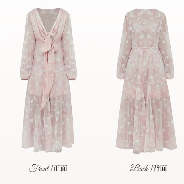 Dress Pink Peach Blossom Print Holiday Plus Size Self-tie Bowknot Front