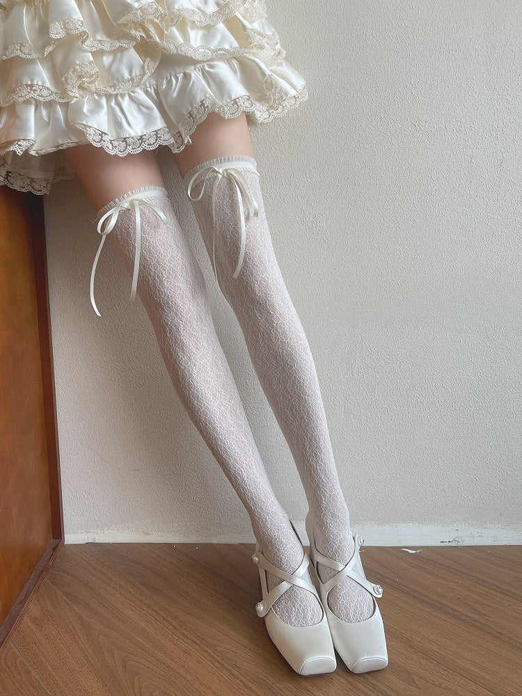 Milk White/Black Bowknot Overknee Stockings Floral Pattern Details