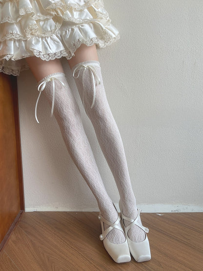 Milk White/Black Bowknot Overknee Stockings Floral Pattern Details