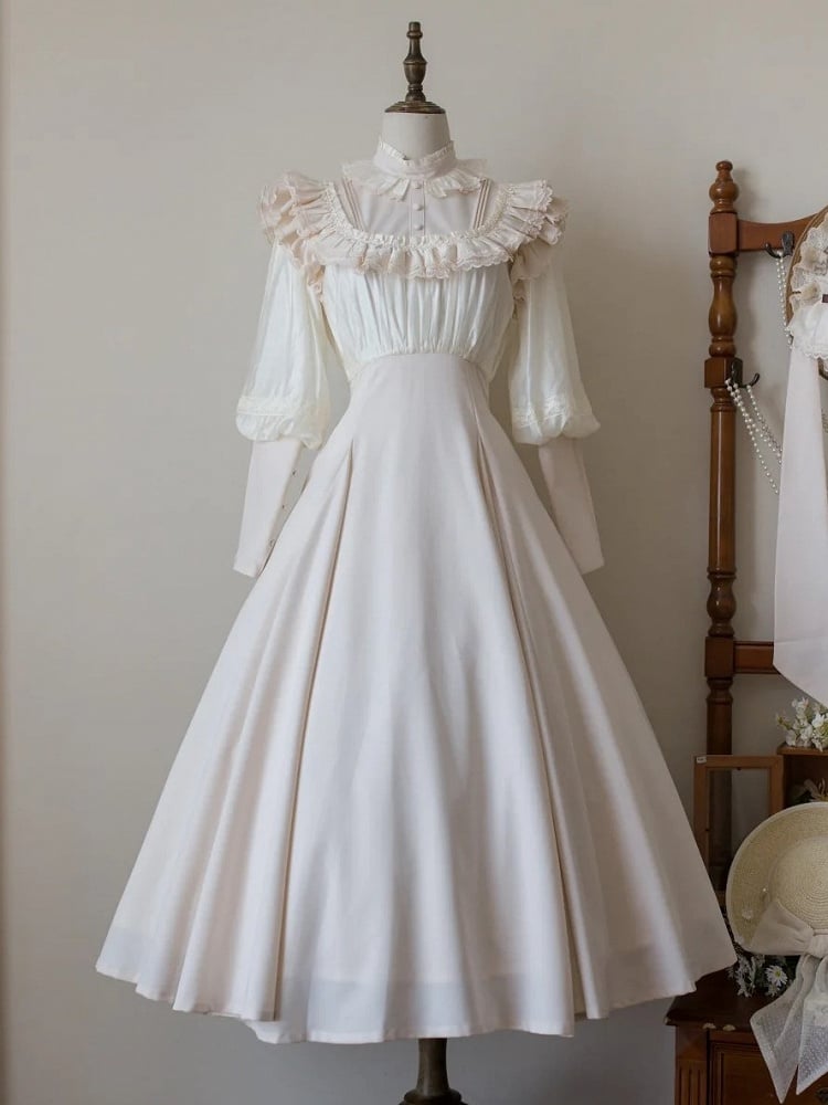 Long-Sleeve Ruffled Beige Classic Dress Elegant Waist Lolita High