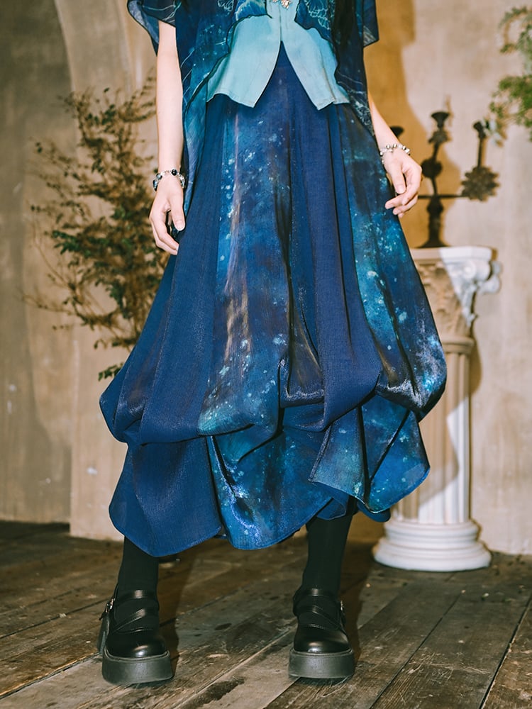 Gradient Convertible Hem Jellyfish Print Skirt with Bubble Blue