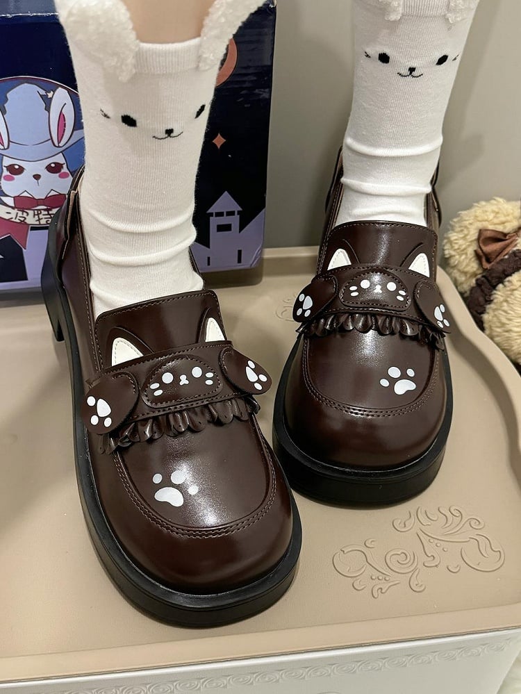 Cat Accents Design Shoes Mid-heel Brown Style Slip-On Ear PU Paw Preppy Print - with