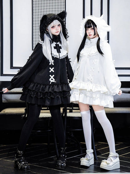 Layered Neck Jirai Cross High Black Jersey Embroidery Hem Kei-inspired Dress Ruffle
