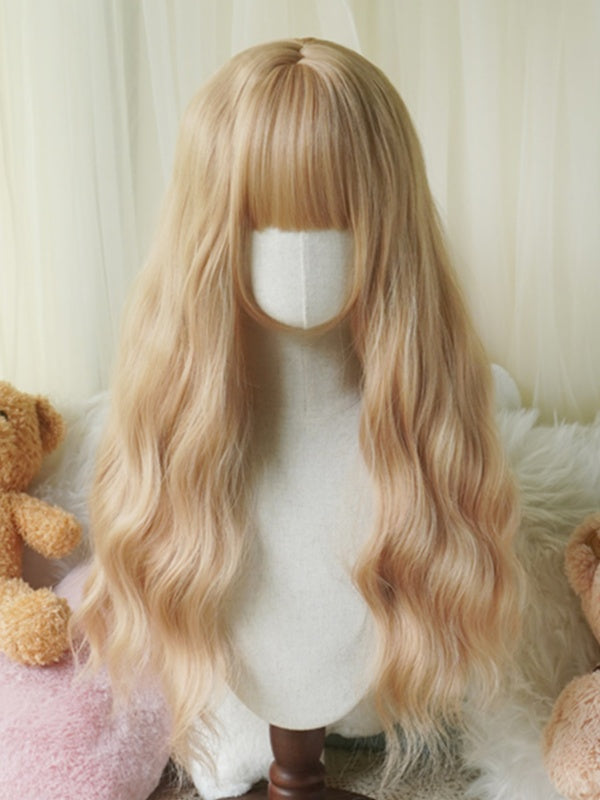 Black/White/Light Blonde/Blonde/Caramel/Grey Long Wavy Wig With Full Bangs