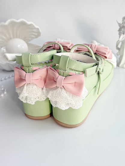 Buckles Heart at Bow Green Trim Platforms Apple Top Lace