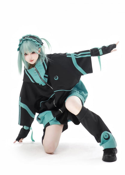 Black&Green Colorblock Design Zip Hoodie Jirai Kei Sweatshirt