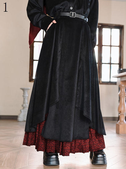 Double-Layer with Thicken/Thin Hem Print Cheongsam Red Pleated Black Snake Skirt Asymmetrical